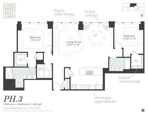 Floor plan for 2 beds, 2 baths, 1549 sqft